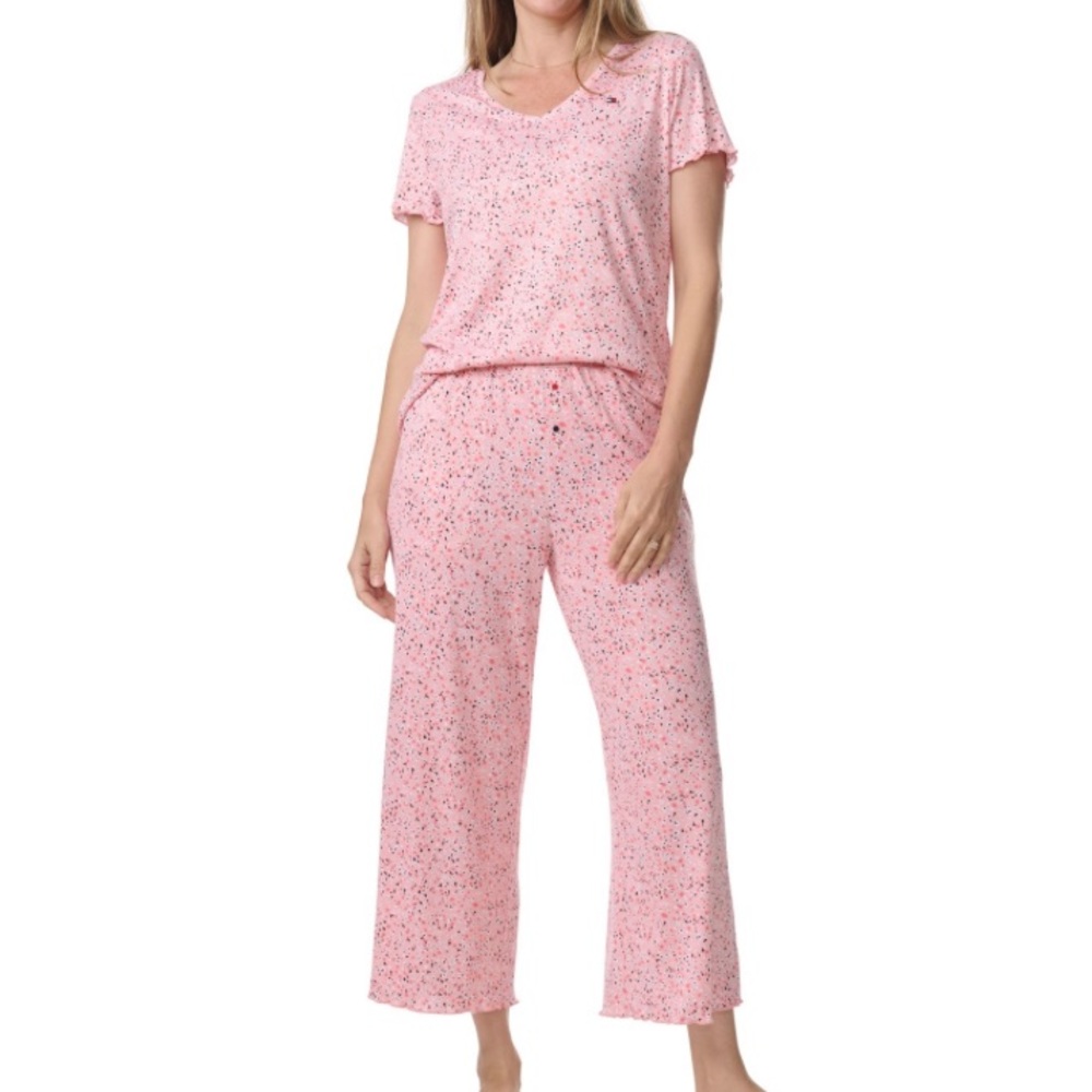 Tommy Hilfiger Short-Sleeve/Wide-Leg Cropped Pajama Set Blossom Ditsy Floral, M